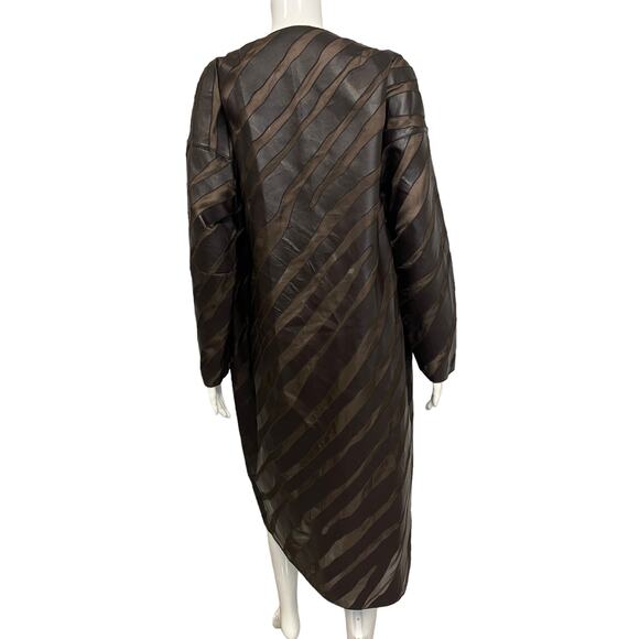 AKRIS Brown Silk Striped Faux Leather Collarless Mid-Length Galileo Coat 40 US 8 - Picture 3 of 6